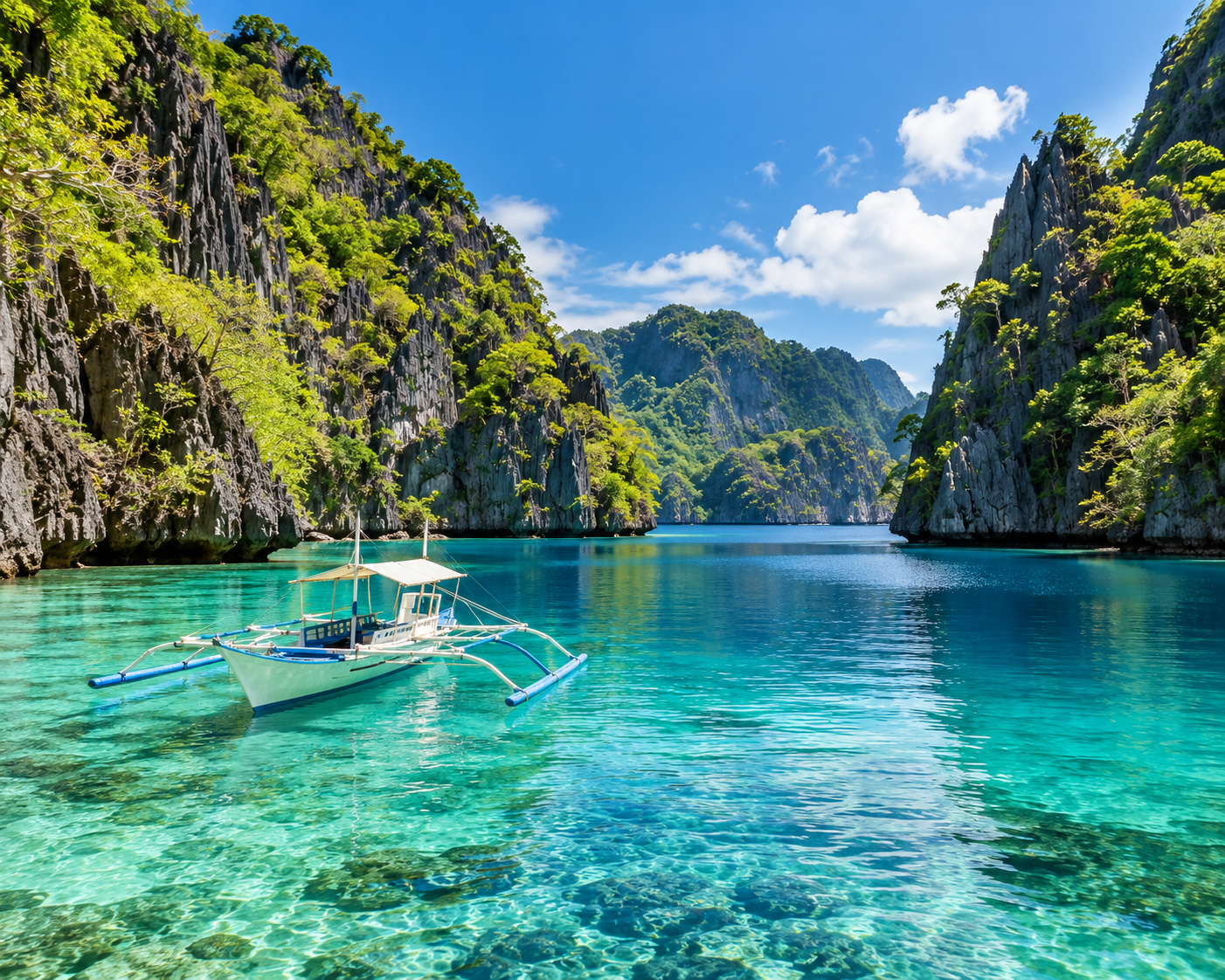 Scenic view of tropical harbor with traditional boats and lush greenery under a clear sky.