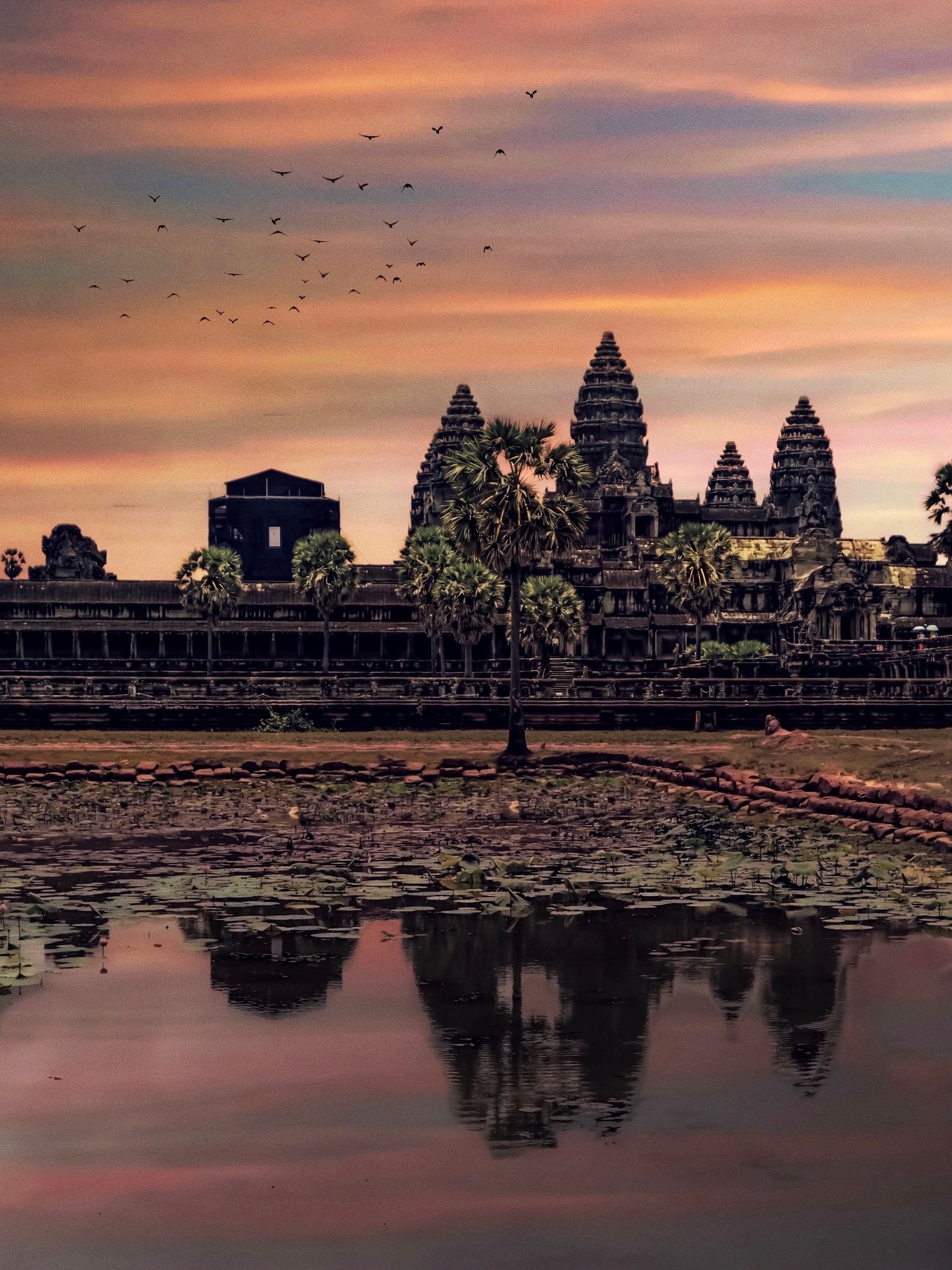 Angkor Wat at sunset reflected in water, Siem Reap, Cambodia