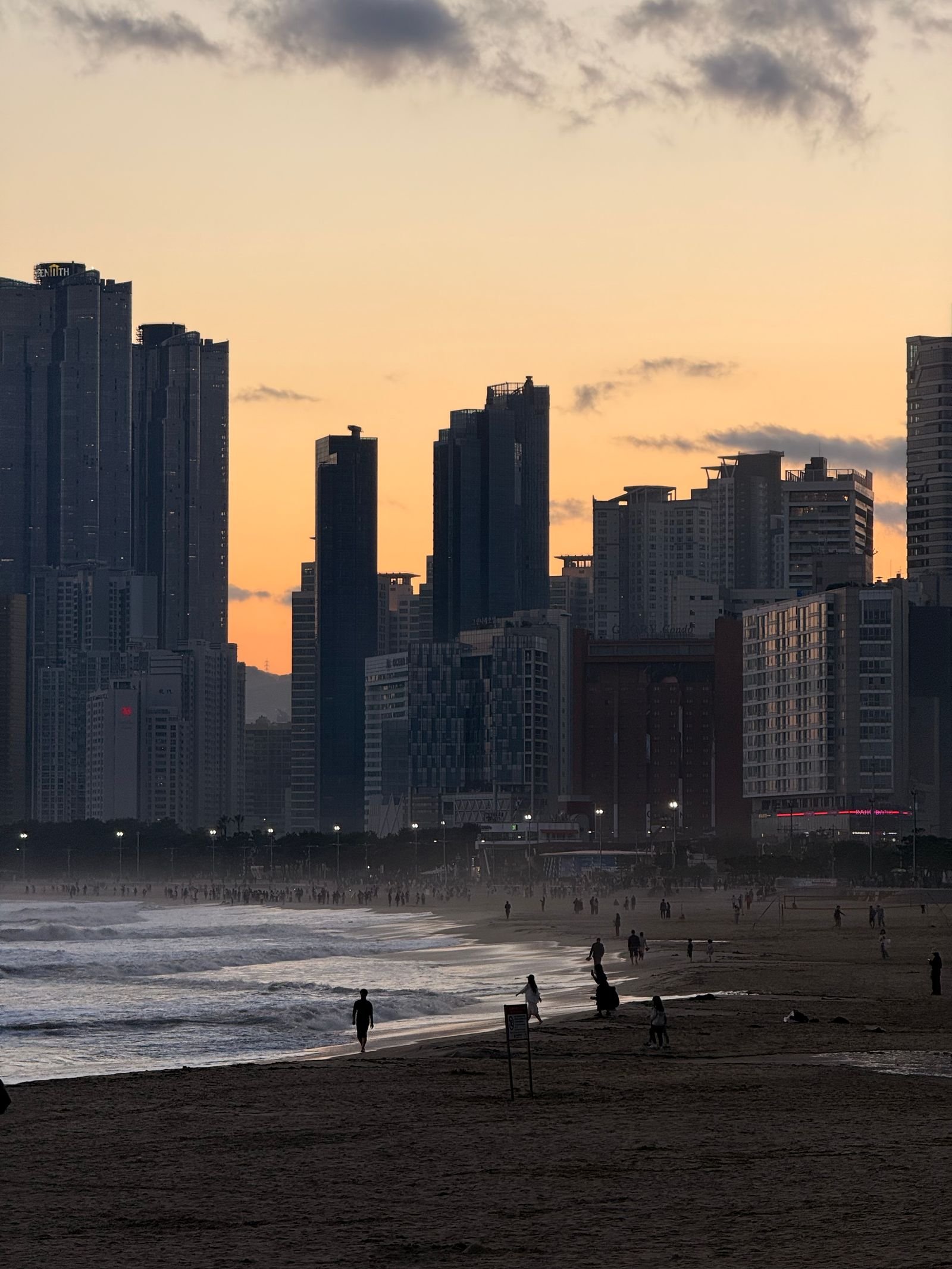 Haeundae Beach and the Busan skyline at sunset, South Korea