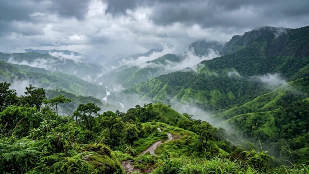 Mist and rain clouds over a green mountain valley