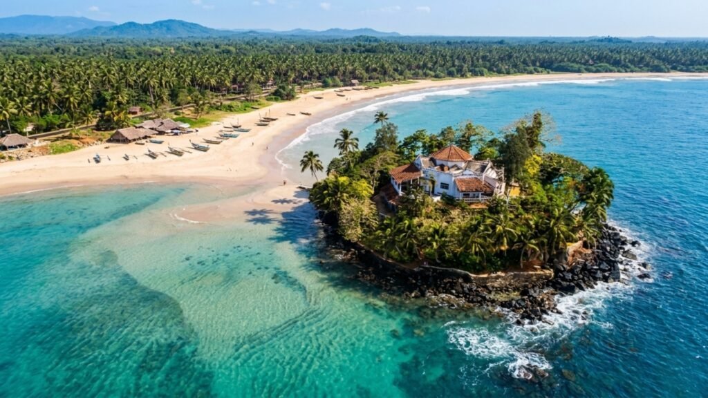 An island beside a palm-lined beach in Sri Lanka