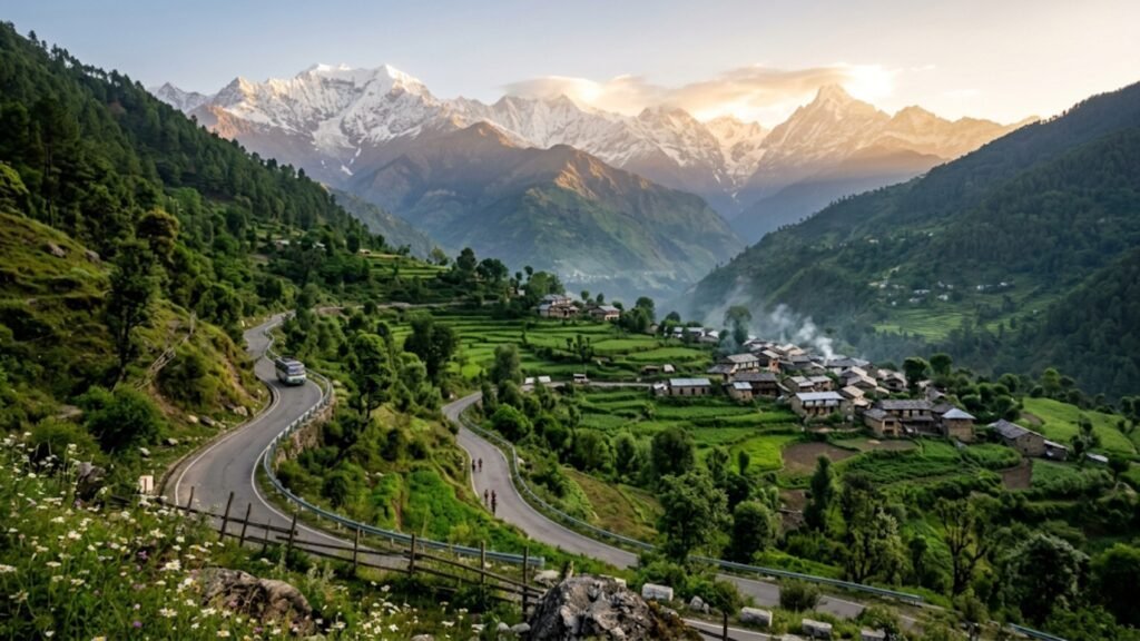 A green mountain valley with villages and a winding road in India